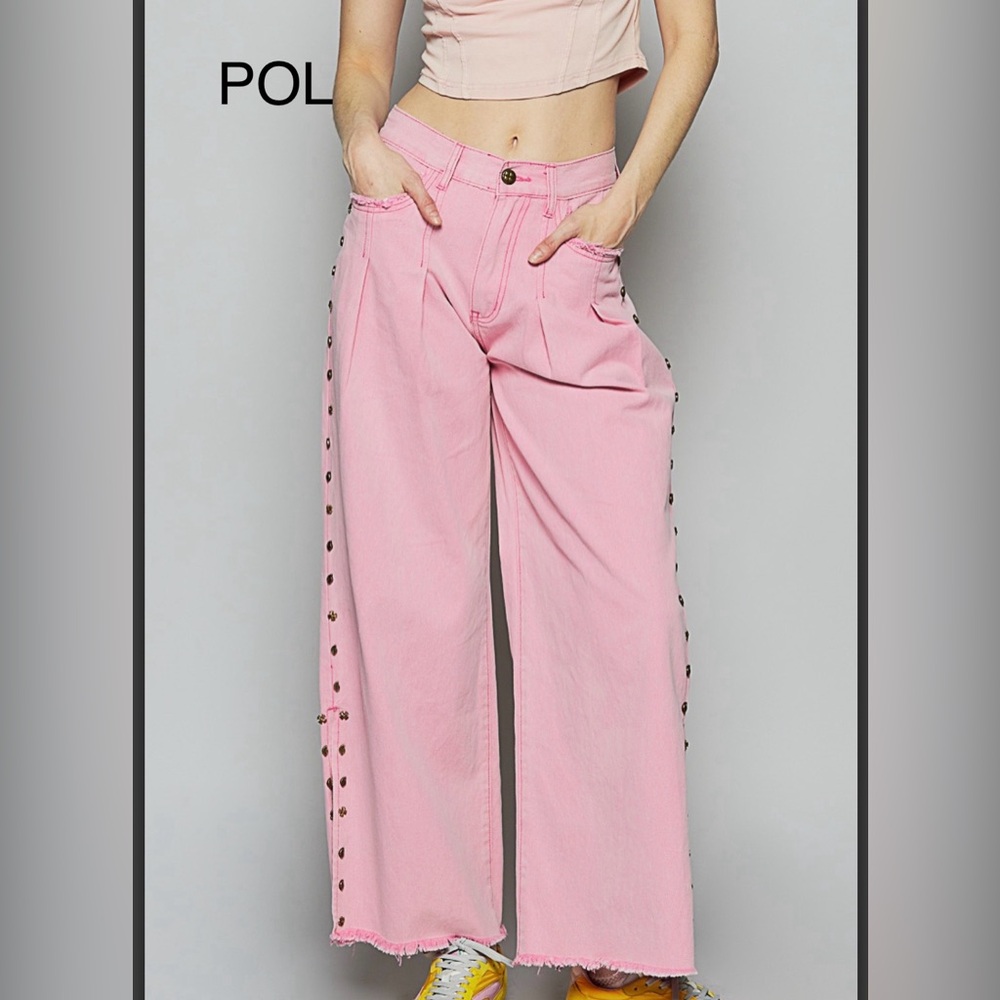 BPB218-2💕POL pretty pink  Wide-Leg Jeans with Studded Sides+ cut out! So cute!